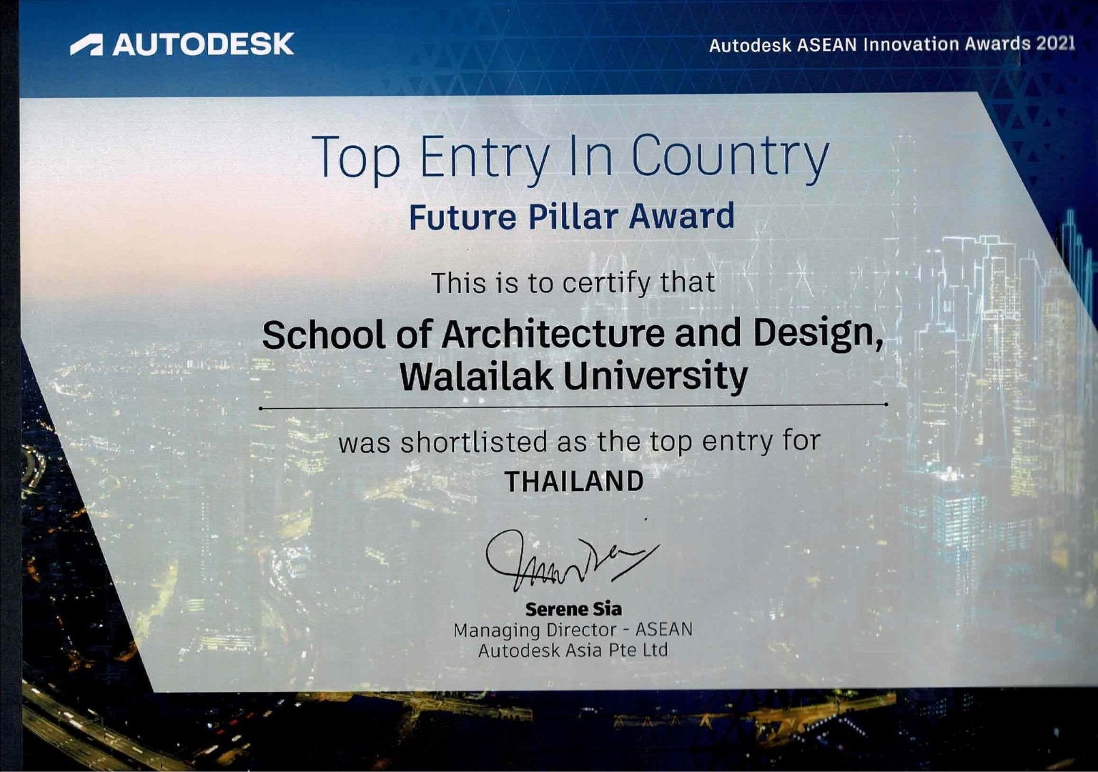 Walailak University’s School of Architecture and Design was named the Top Entry in the Country in the Autodesk ASEAN Innovation Awards 2021 Future Pillar Award category.